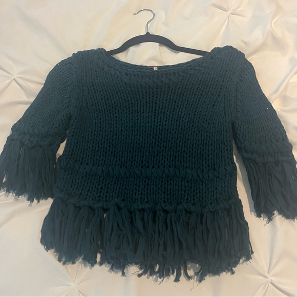 Free People Crochet Fringe Emerald Green Crop Sweater XS - Picture 2 of 15
